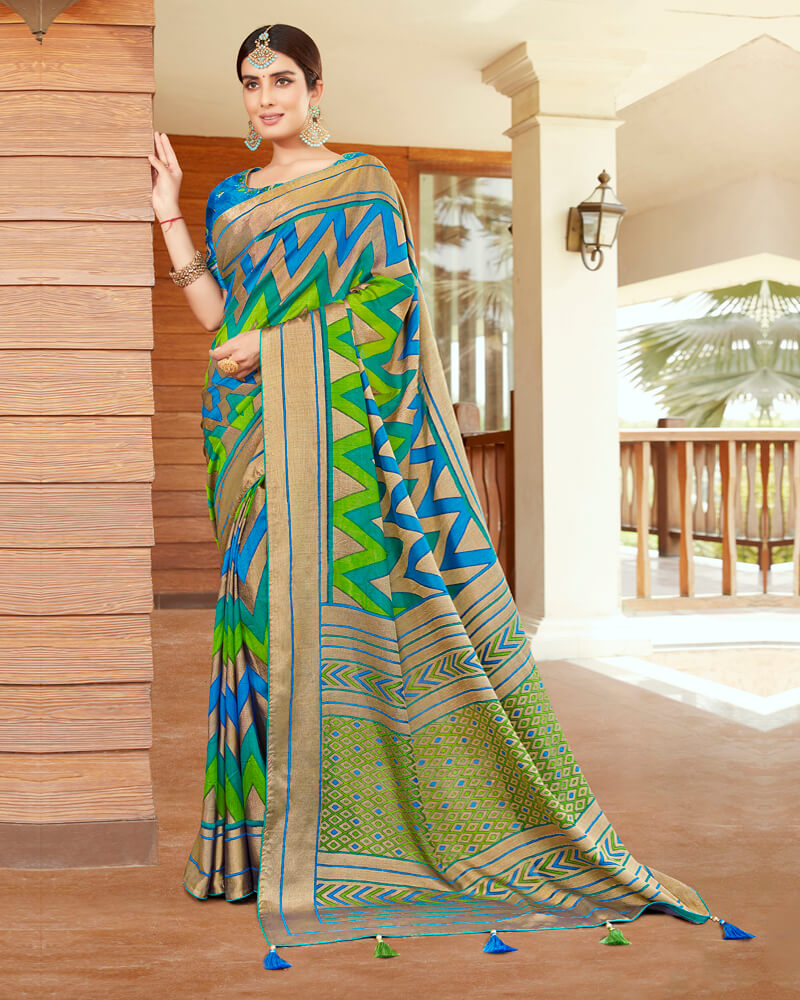 Vishal Prints Green And Dark Blue Silk Saree With Weaving Work