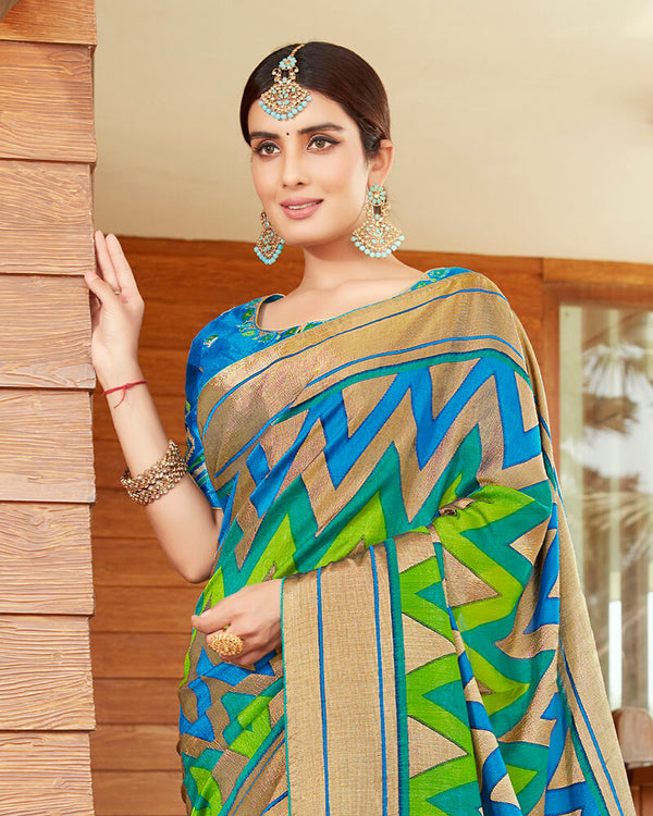 Vishal Prints Green And Dark Blue Silk Saree With Weaving Work