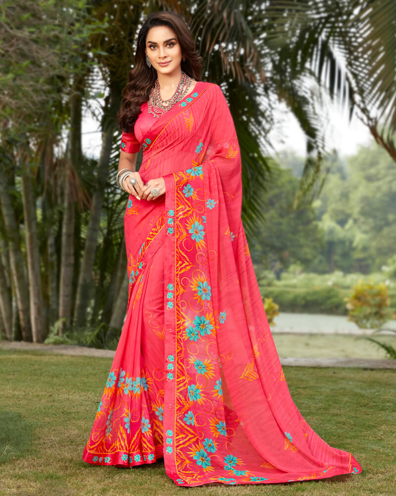 Vishal Prints Peach And Turquoise Georgette Saree With Satin Border