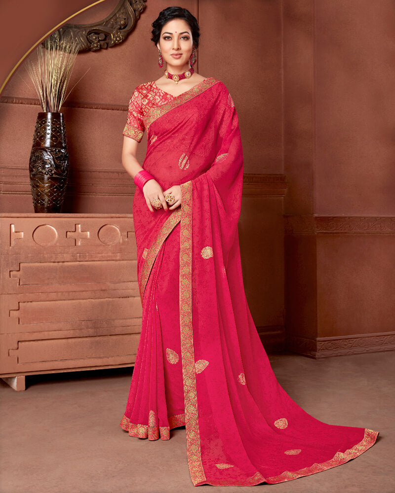 Vishal Prints Pinkish Red Chiffon Saree With Foil Print And Jari Border