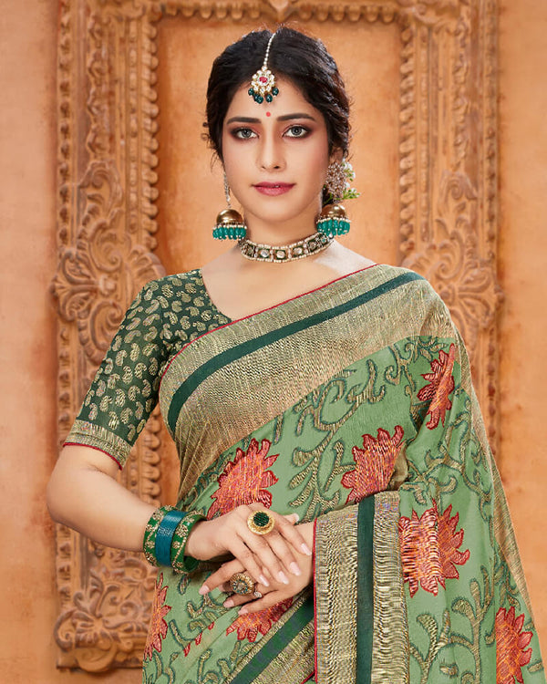 Vishal Prints Turquoise Green Cotton Brasso Saree With Foil Print