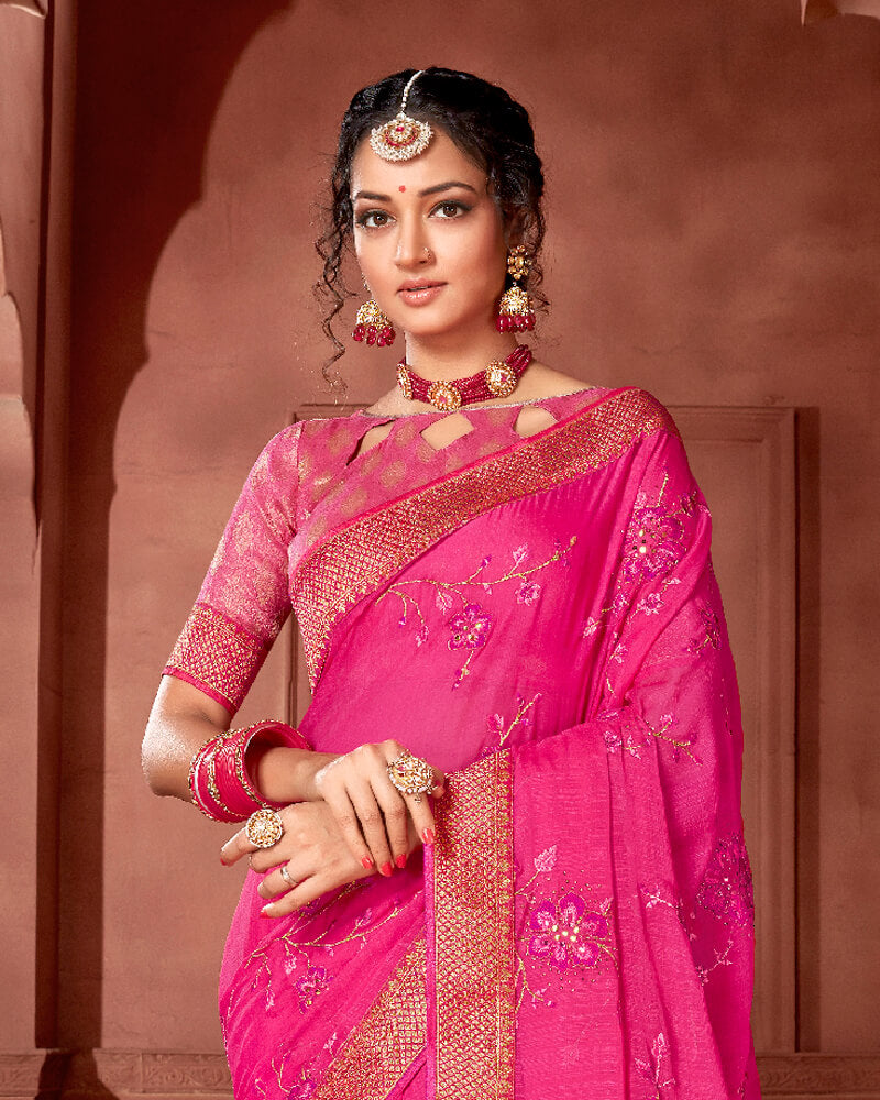 Vishal Prints Hot Pink Art Silk Saree With Embroidery Work And Border