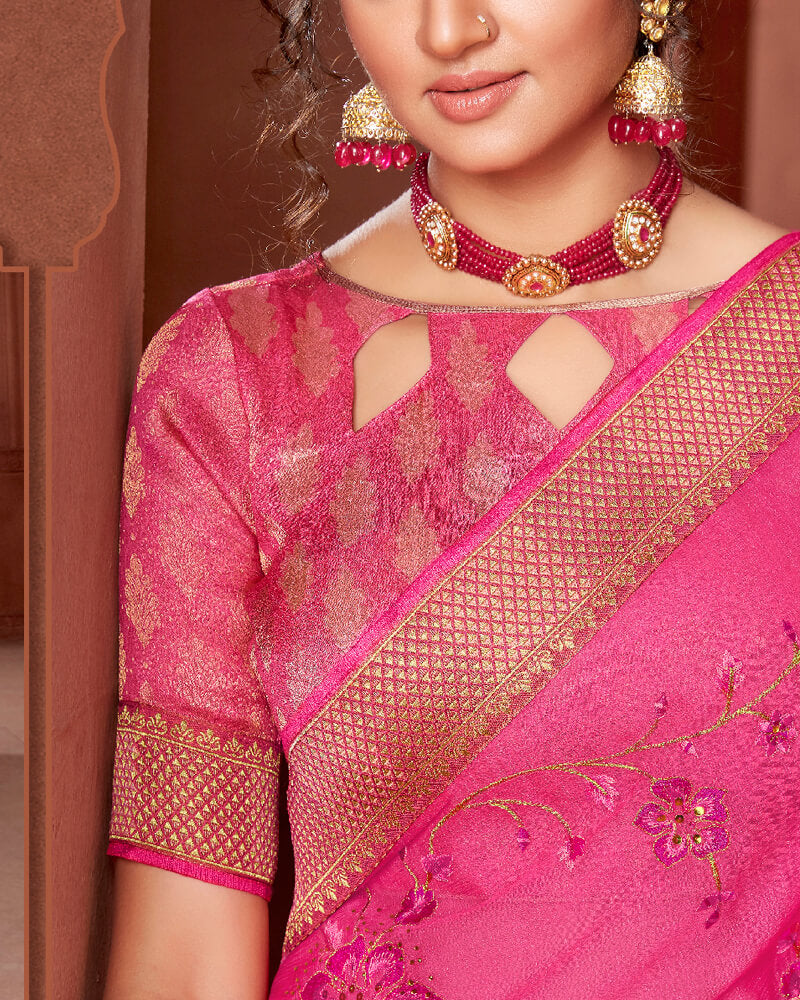Vishal Prints Hot Pink Art Silk Saree With Embroidery Work And Border