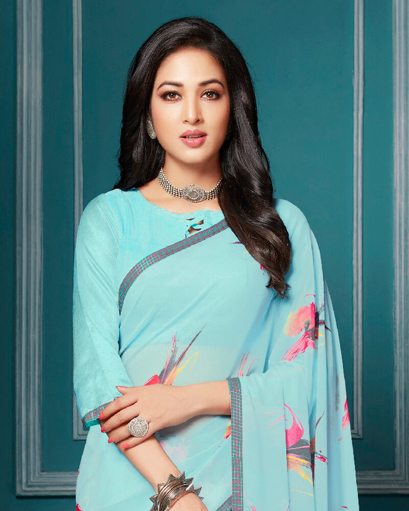Vishal Prints Pastel Blue Floral Print Georgette Saree With Piping