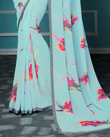 Vishal Prints Pastel Blue Floral Print Georgette Saree With Piping