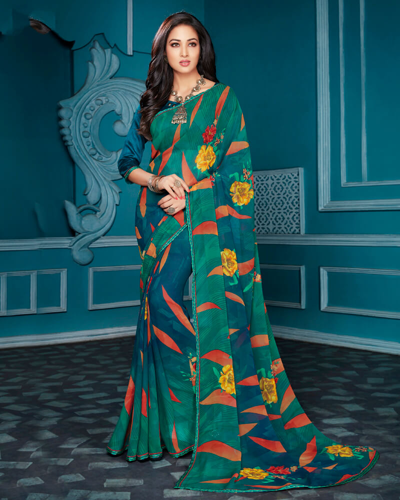 Vishal Prints Rama Green Floral Print Georgette Saree With Piping