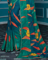 Vishal Prints Rama Green Floral Print Georgette Saree With Piping