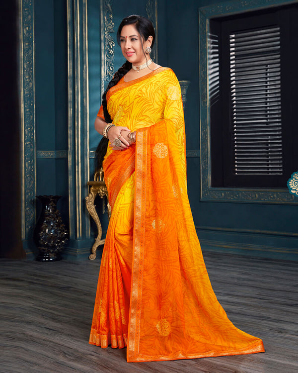 Vishal Prints Orange Chiffon Saree With Foil Print And Jari Border