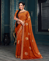 Vishal Prints Dark Orange Chiffon Saree With Foil Print And Jari Border
