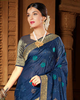 Vishal Prints Dark Blue Chiffon Saree With Embroidery Work And Jari Border