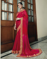 Vishal Prints Cherry Red Chiffon Saree With Foil Print And Jari Border