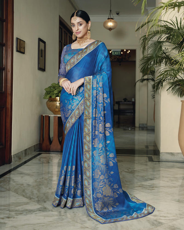 Vishal Prints Royal Blue Chiffon Saree With Foil Print And Jari Border