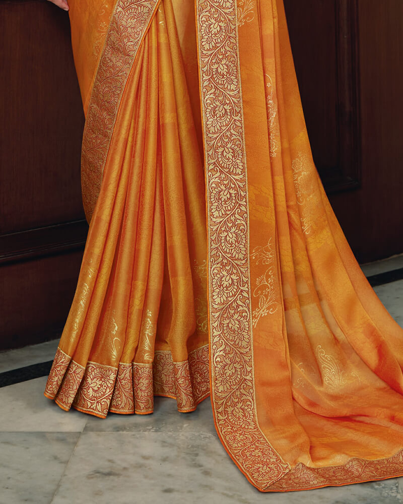 Vishal Prints Yellowish Orange Chiffon Saree With Foil Print And Jari Border