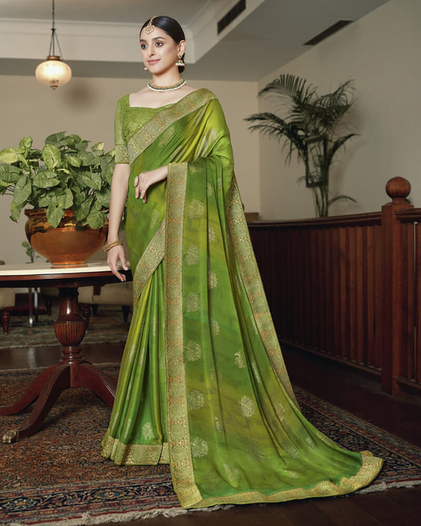 Vishal Prints Green Chiffon Saree With Foil Print And Jari Border