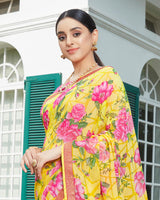 Vishal Prints Yellow Floral Print Brasso Saree With Jari Border