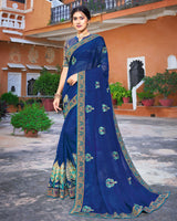 Vishal Prints Ink Blue Chiffon Saree With Embroidery Work