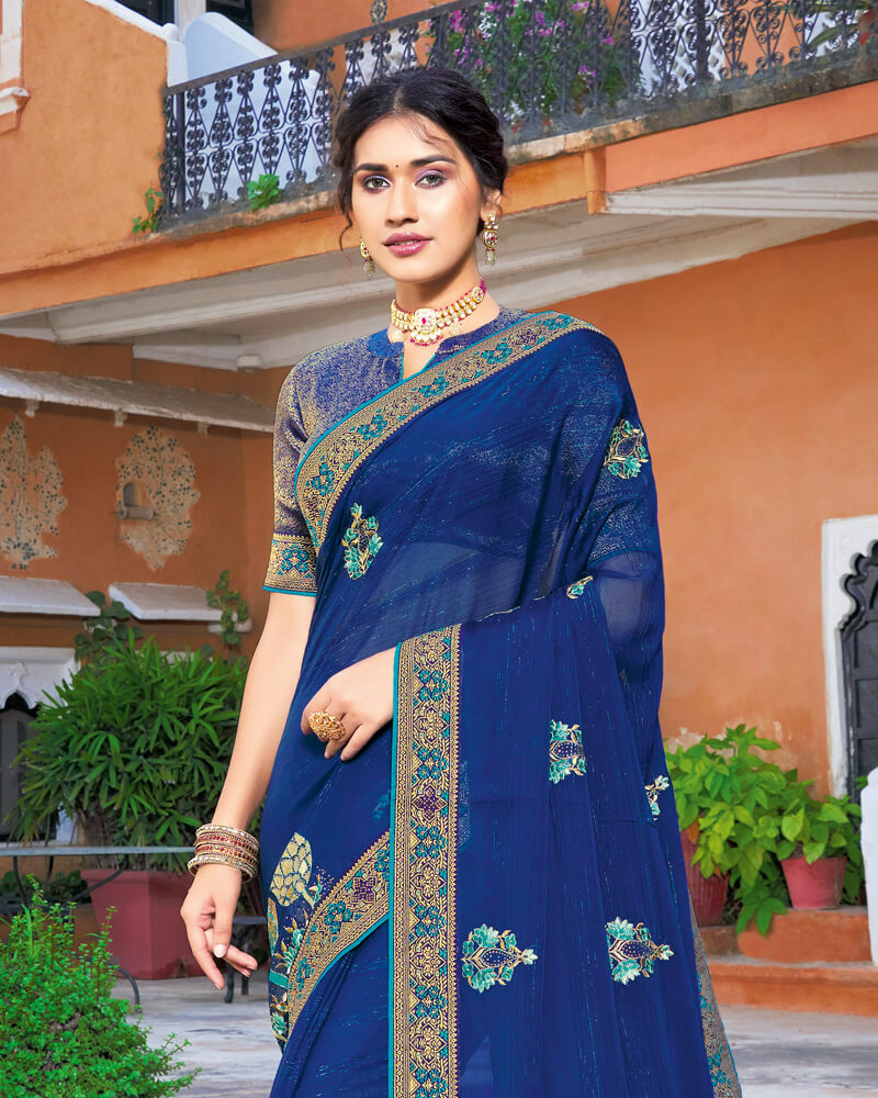 Vishal Prints Ink Blue Chiffon Saree With Embroidery Work