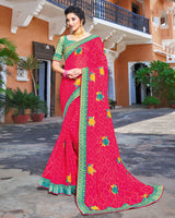 Vishal Prints Red Pink Chiffon Saree With Embroidery Work