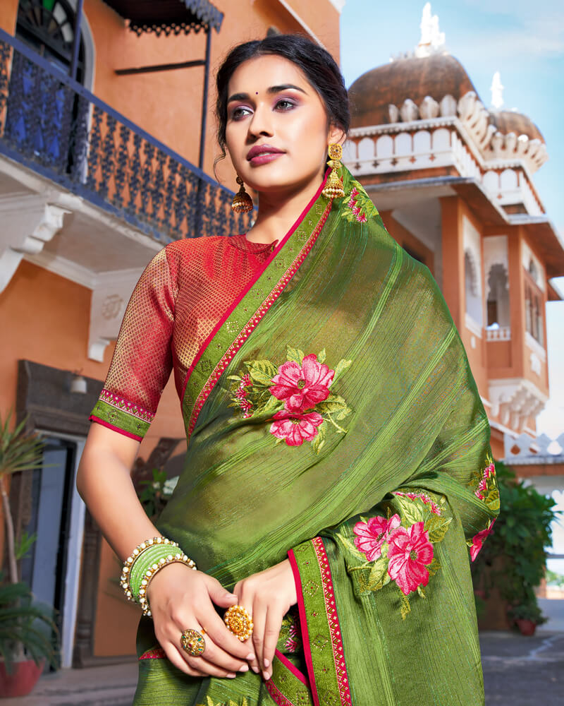 Vishal Prints Mehandi Green Chiffon Saree With Embroidery Work