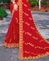 Vishal Prints Cherry Red Chiffon Saree With Embroidery Work