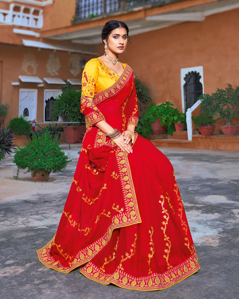 Vishal Prints Cherry Red Chiffon Saree With Embroidery Work