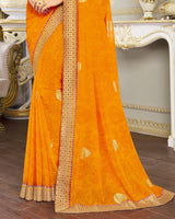 Vishal Prints Orange Chiffon Saree With Foil Print And Jari Border