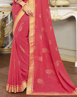 Vishal Prints Pastel Red Chiffon Saree With Foil Print And Jari Border