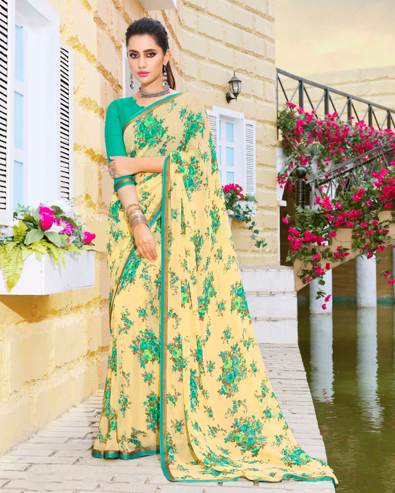 Vishal Prints Pastel Yellow Printed Georgette Saree With Piping