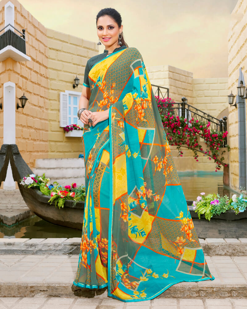 Vishal Prints Dark Turquoise Blue Printed Georgette Saree With Piping