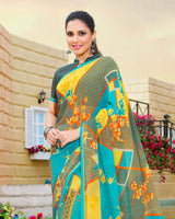 Vishal Prints Dark Turquoise Blue Printed Georgette Saree With Piping