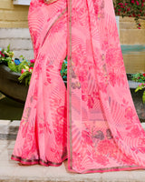 Vishal Prints Rose Pink Printed Georgette Saree With Piping