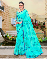 Vishal Prints Turquoise Blue Printed Georgette Saree With Piping