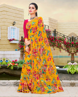 Vishal Prints Golden Yellow Printed Georgette Saree With Piping
