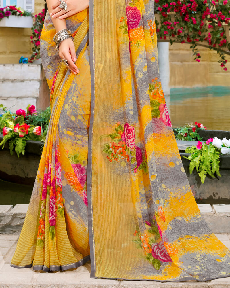Vishal Prints Light Mustard Printed Georgette Saree With Piping