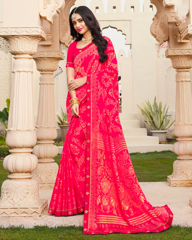 Vishal Prints Red Pink Brasso Saree With Foil Print And Border