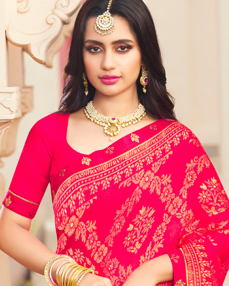 Vishal Prints Red Pink Brasso Saree With Foil Print And Border