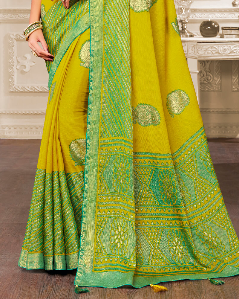 Vishal Prints Lime Yellow Brasso Saree With Foil Print And Tassel