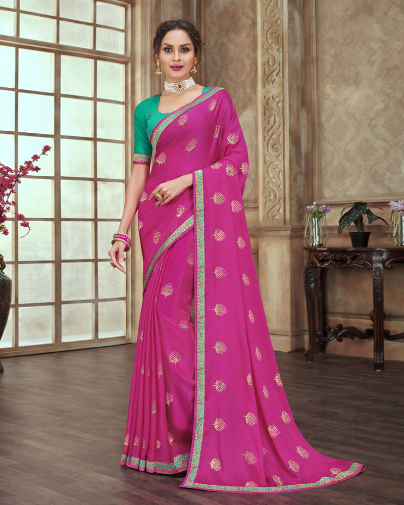 Vishal Prints Hot Pink Chiffon Saree With Foil Print And Jari Border
