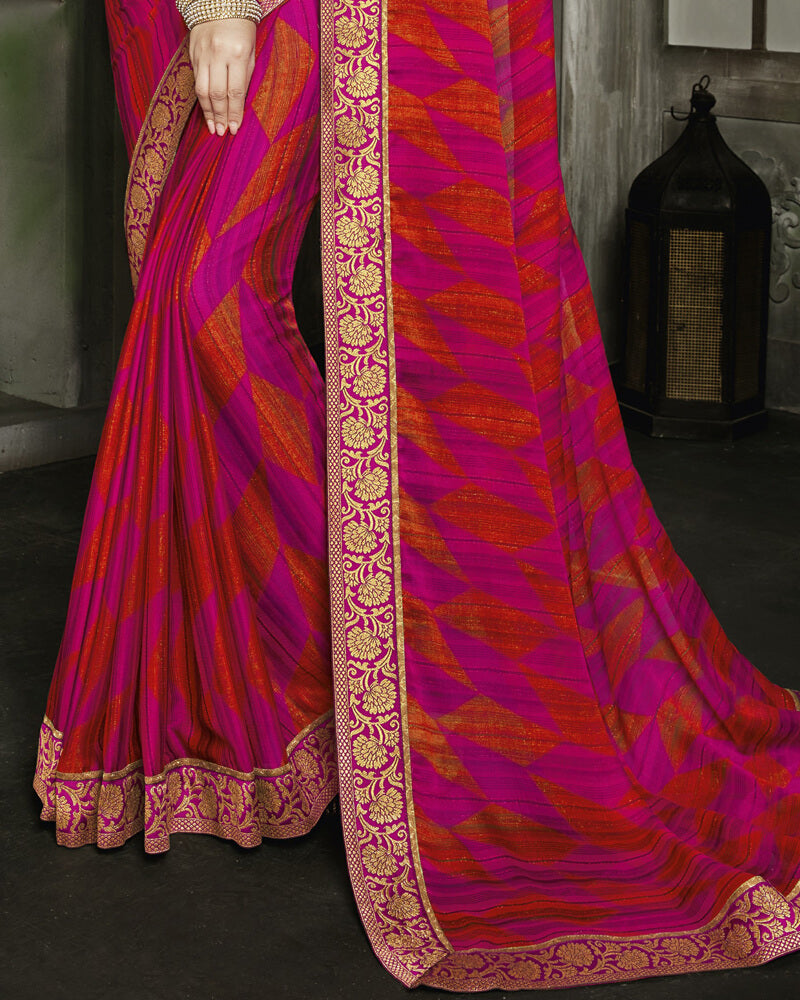Vishal Prints Hot Pink And Orange Chiffon Saree With Jari Border