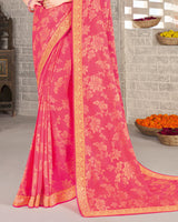Vishal Prints Red Pink Brasso Saree With Foil Print And Jari Border