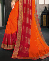 Vishal Prints Orange And Cherry Red Georgette Saree With Foil Print And Jari Border
