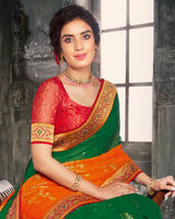 Vishal Prints Dark Green And Orange Georgette Saree With Foil Print And Jari Border