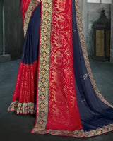 Vishal Prints Ink Blue And Cheery Red Georgette Saree With Foil Print And Jari Border