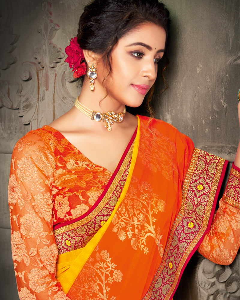 Vishal Prints Dark Yellow And Orange Georgette Saree With Foil Print And Jari Border