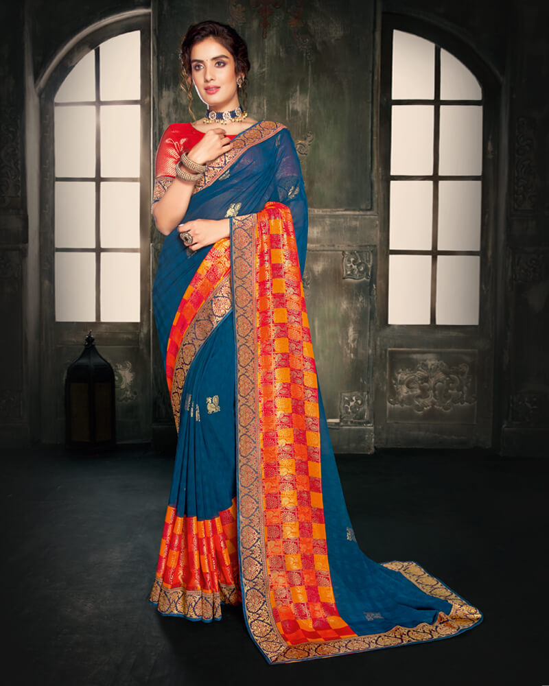 Vishal Prints Dark Teal Blue And Red Georgette Saree With Foil Print And Jari Border