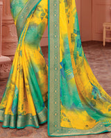 Vishal Prints Yellow And Rama Green Chiffon Saree With Floral Print And Jari Border