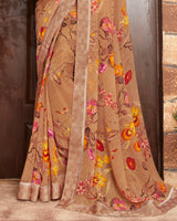 Vishal Prints Light Brown And Yellow Floral Print Georgette Saree With Satin Border
