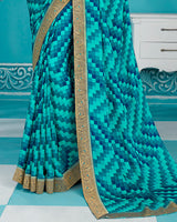 Vishal Prints Turquoise And Navy Blue Chiffon Saree With Border