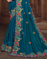 Vishal Prints Peacock Blue Art Silk Saree With Embroidery Work
