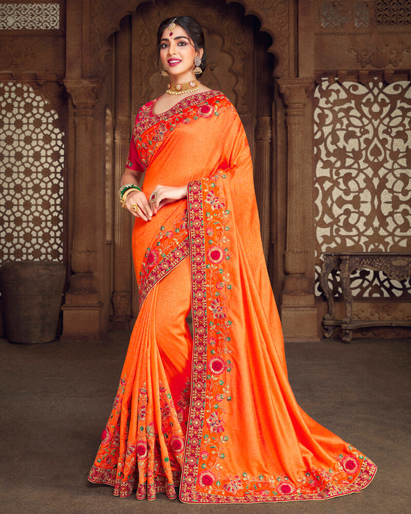Vishal Prints Orange Art Silk Saree With Embroidery Work